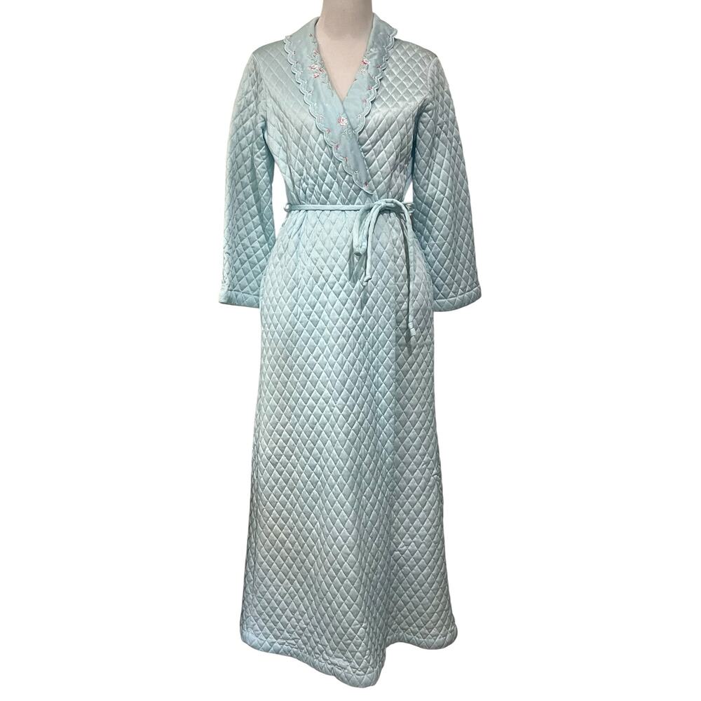 Vintage 60s Women’s Robe Quilted Nylon Maxi Embroidered Flowers Katz Size Medium